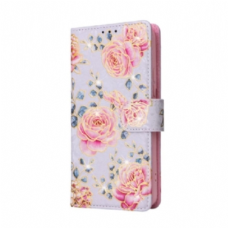 Capa Flip Para Samsung Galaxy S23 Plus 5G Flores Rfid Com Cordão