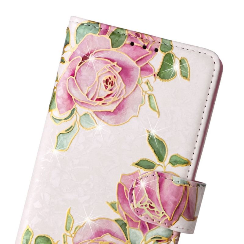 Capa Flip Para Samsung Galaxy S23 Plus 5G Flores Rfid Com Cordão