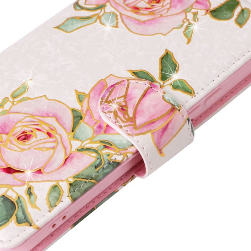Capa Flip Para Samsung Galaxy S23 Plus 5G Flores Rfid Com Cordão