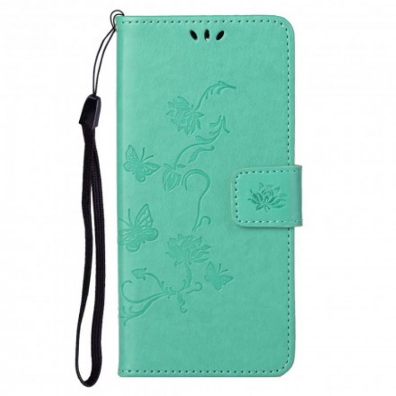 Capa Flip Para Motorola Edge 20 Pro De Cordão Pulseira Borboletas E Flores