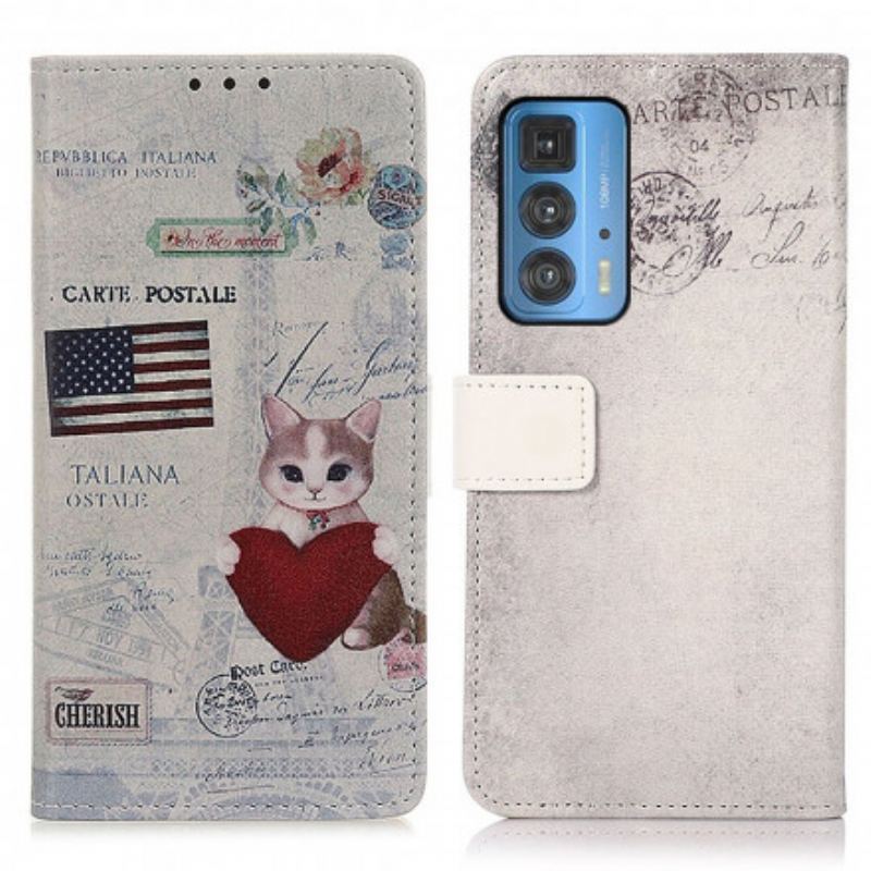 Capa Flip Para Motorola Edge 20 Pro Gato Viajante