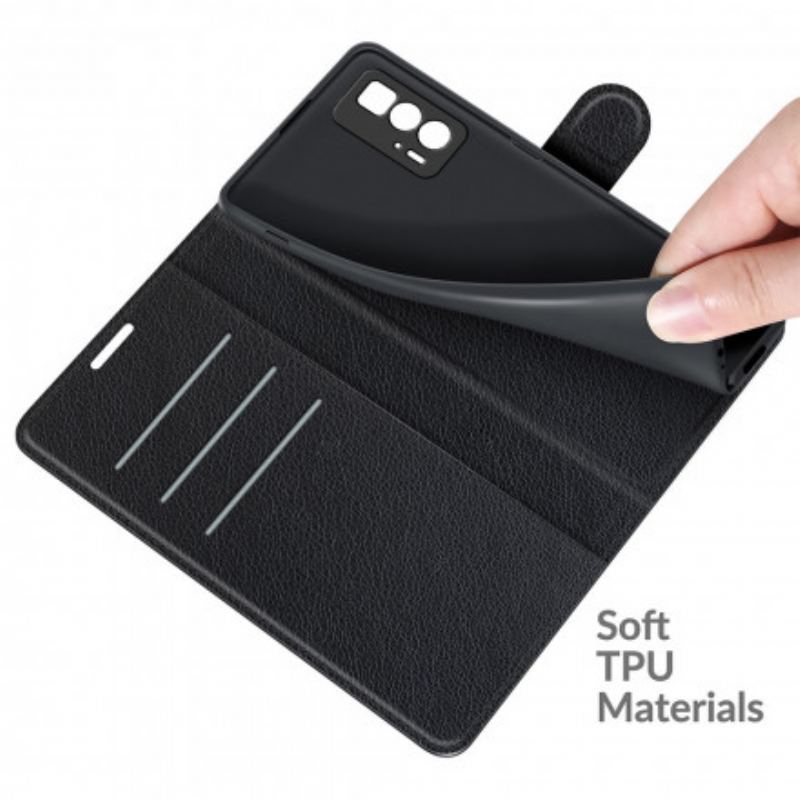 Capa Folio Para Motorola Edge 20 Pro Couro Sintético De Lichia Clássico