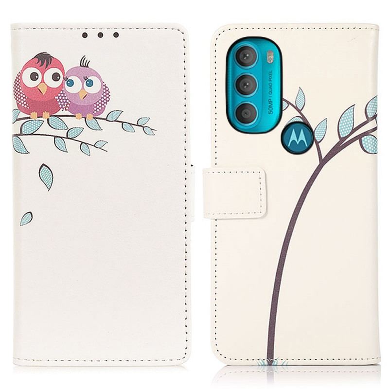 Capa De Couro Para Moto G71 5G Casal De Corujas Na Árvore