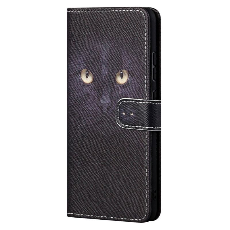 Capa De Couro Para Moto G71 5G De Cordão Olhos De Gato Preto Com Tiras