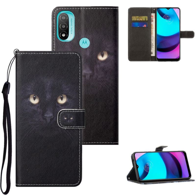 Capa De Couro Para Moto G71 5G De Cordão Olhos De Gato Preto Com Tiras
