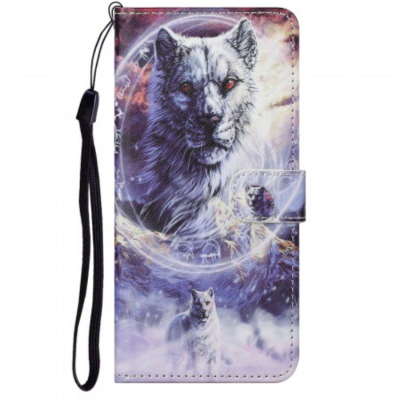 Capa Flip Para Moto G71 5G Lobo No Inverno Com Cordão