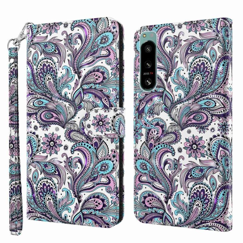 Capa De Couro Para Sony Xperia 5 IV De Cordão Padrão Strappy Paisley