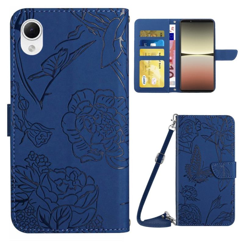 Capa Flip Para Sony Xperia 5 IV Borboletas Com Alça De Ombro