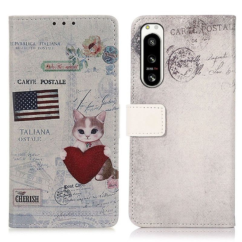 Capa Flip Para Sony Xperia 5 IV Gato Viajante