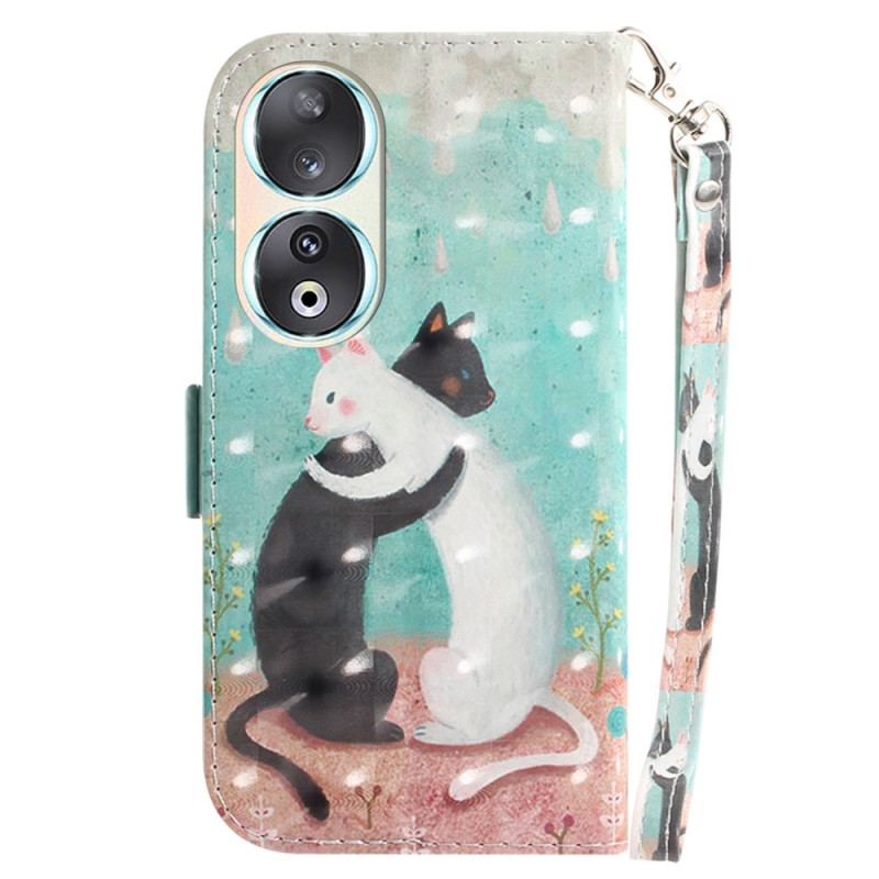 Capa De Couro Para Honor 90 De Cordão Gato Preto Gato Branco Com Alça