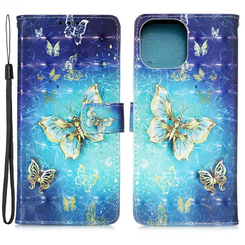 Capa De Couro Para iPhone 13 Mini Cordão De Borboletas Douradas