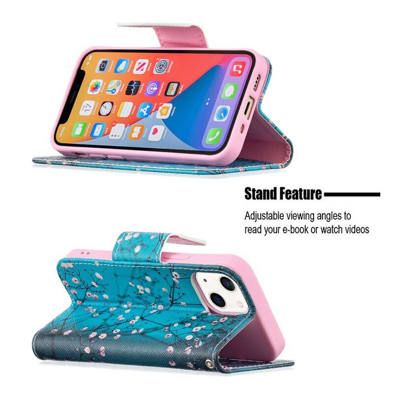 Capa De Couro Para iPhone 13 Mini Ramo Florido