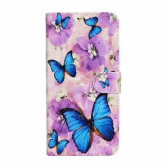 Capa Em Pele Para iPhone 13 Mini Borboletas Azuis Em Flores