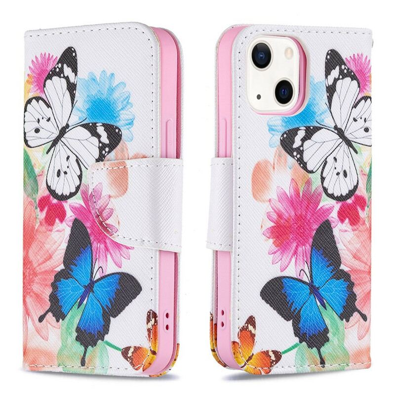 Capa Flip Para iPhone 13 Mini Borboletas E Flores Pintadas