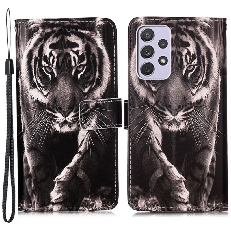 Capa Em Pele Para Samsung Galaxy A33 5G De Cordão Strappy Night Tiger