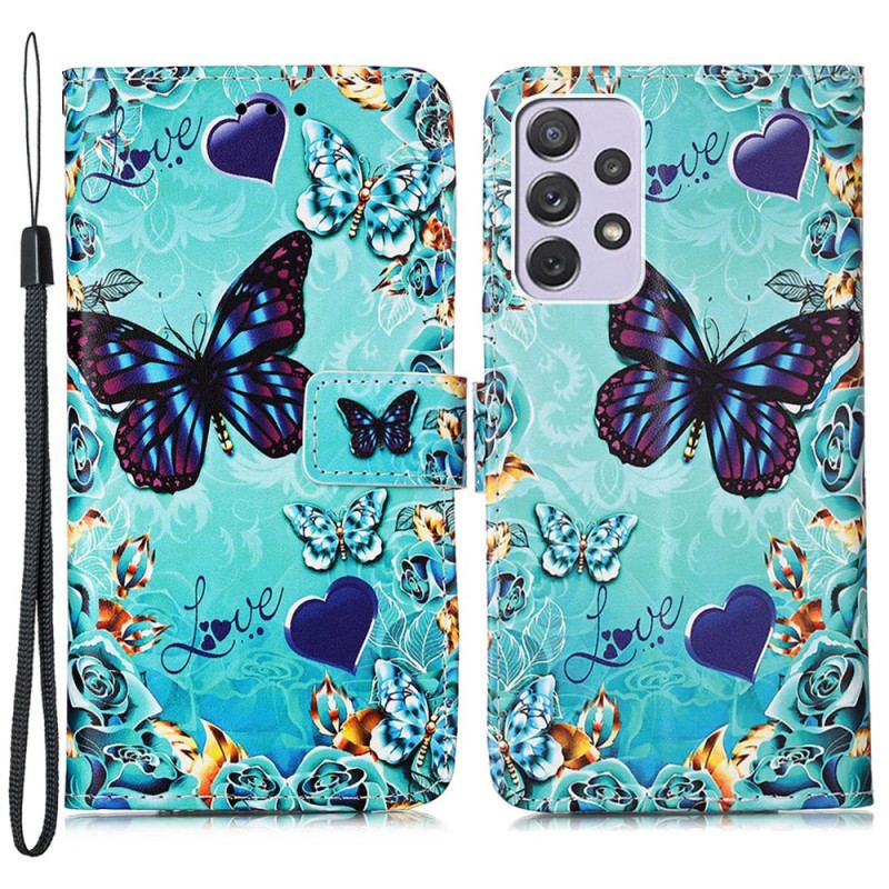 Capa Em Pele Para Samsung Galaxy A33 5G De Cordão Tanga Borboletas