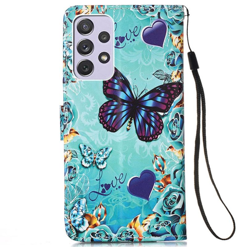 Capa Em Pele Para Samsung Galaxy A33 5G De Cordão Tanga Borboletas