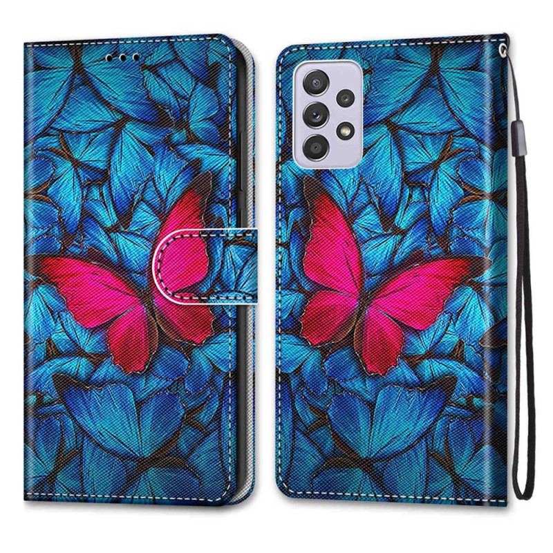 Capa Folio Para Samsung Galaxy A33 5G Borboleta Vermelha Fundo Azul