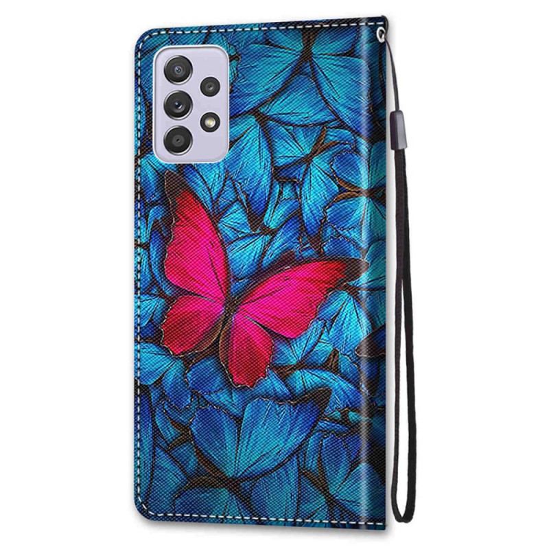 Capa Folio Para Samsung Galaxy A33 5G Borboleta Vermelha Fundo Azul