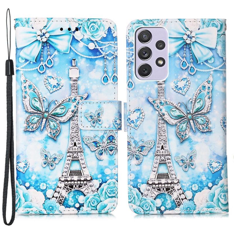 Capa Folio Para Samsung Galaxy A33 5G De Cordão Correia Borboleta Torre Eiffel