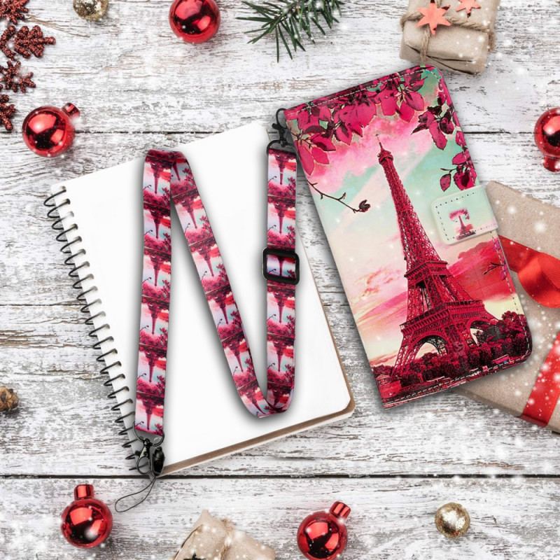 Capa Folio Para Samsung Galaxy S20 Ultra De Cordão Alça Ajustável Torre Eiffel