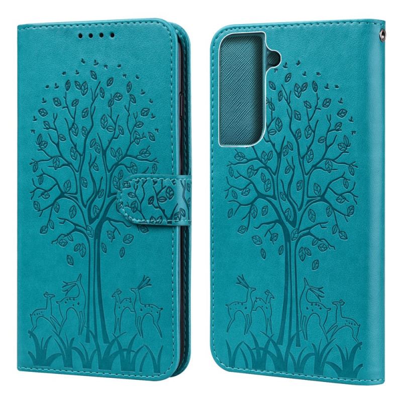 Capa De Couro Para Samsung Galaxy S22 5G Árvore E Veado