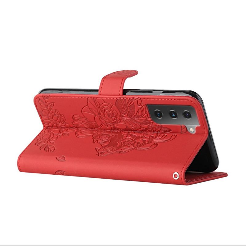 Capa De Couro Para Samsung Galaxy S22 5G De Cordão Tigre Barroco Strappy