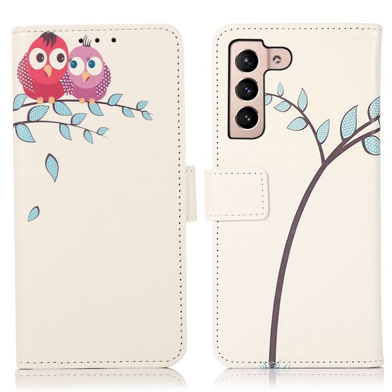 Capa Flip Para Samsung Galaxy S22 5G Casal De Corujas Na Árvore