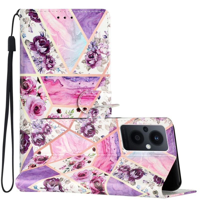 Capa De Couro Para Oppo Reno 8 Lite De Cordão Tira De Mármore