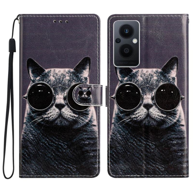 Capa Em Pele Para Oppo Reno 8 Lite De Cordão Óculos De Tiras Para Gatos