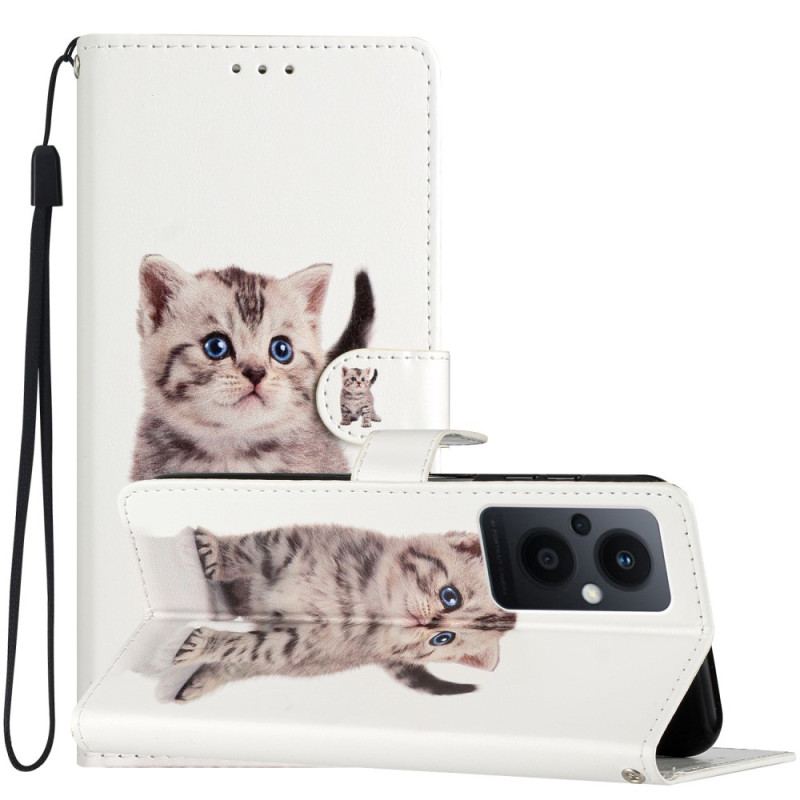 Capa Flip Para Oppo Reno 8 Lite De Cordão Gatinho Strappy