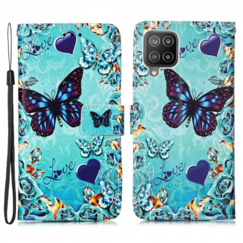 Capa De Couro Para Samsung Galaxy A22 Borboletas Douradas