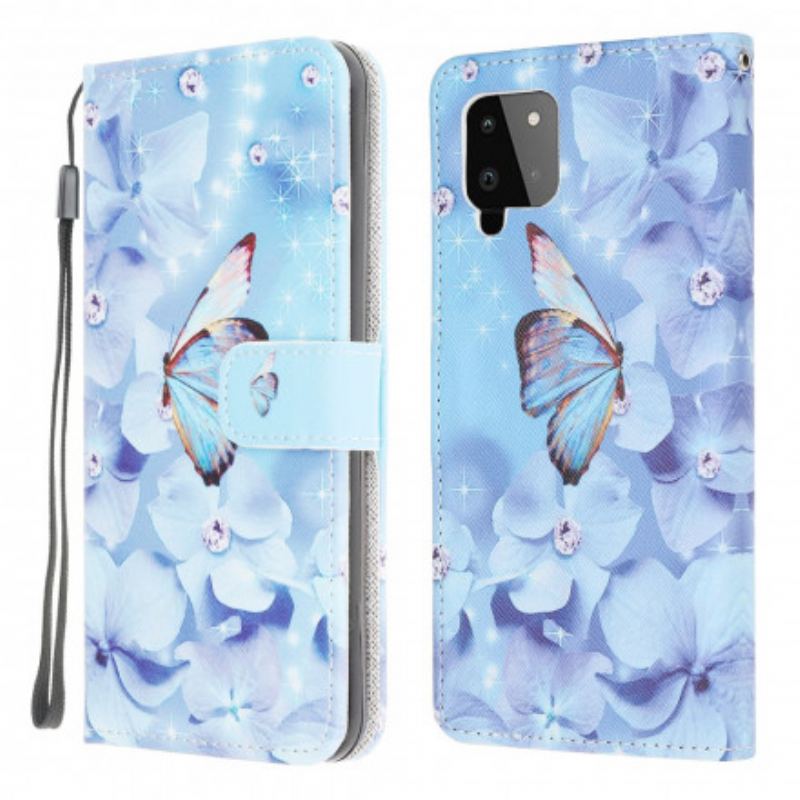Capa De Couro Para Samsung Galaxy A22 De Cordão Borboletas Strappy Diamond