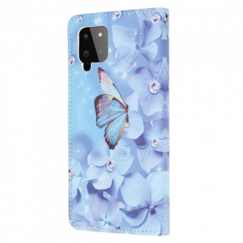 Capa De Couro Para Samsung Galaxy A22 De Cordão Borboletas Strappy Diamond