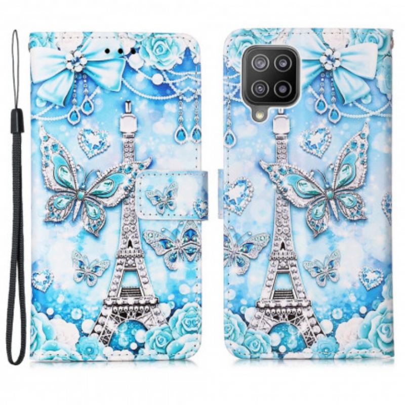 Capa De Couro Para Samsung Galaxy A22 De Cordão Correia Borboleta Torre Eiffel