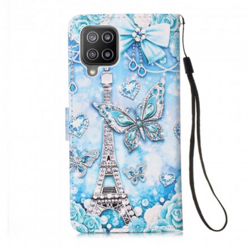 Capa De Couro Para Samsung Galaxy A22 De Cordão Correia Borboleta Torre Eiffel