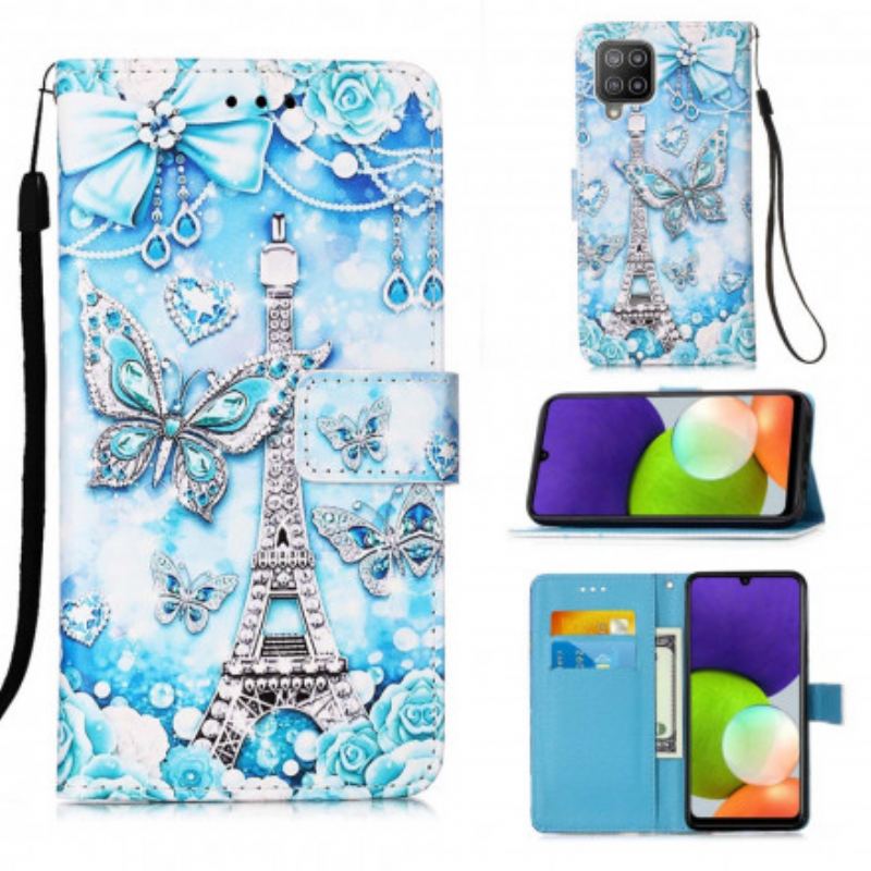Capa De Couro Para Samsung Galaxy A22 De Cordão Correia Borboleta Torre Eiffel