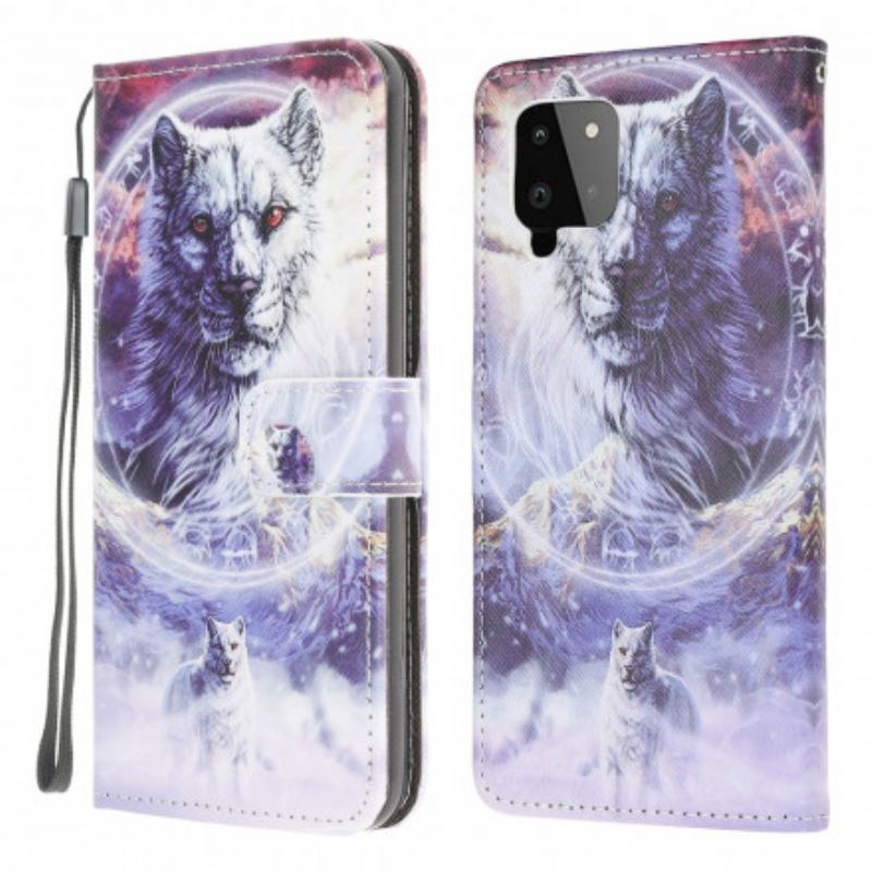 Capa Flip Para Samsung Galaxy A22 Lobo No Inverno Com Cordão