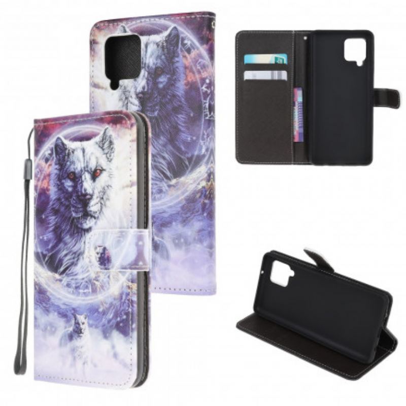 Capa Flip Para Samsung Galaxy A22 Lobo No Inverno Com Cordão