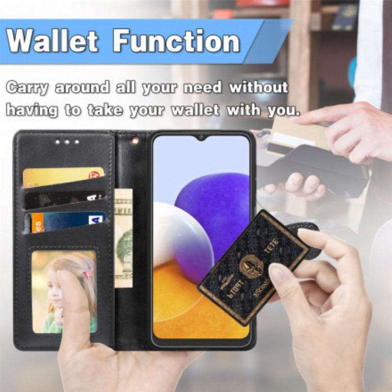 Capa Folio Para Samsung Galaxy A22 Couro Falso E Fecho Vintage