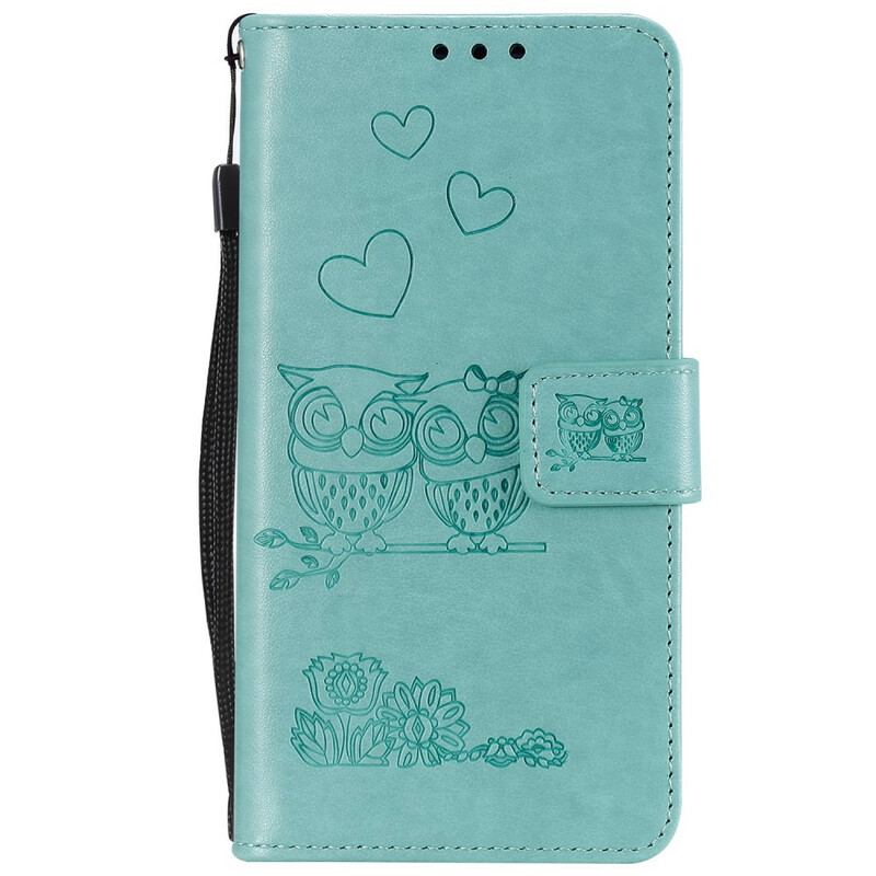 Capa De Couro Para Samsung Galaxy A71 De Cordão Corujas Amorosas Com Alça