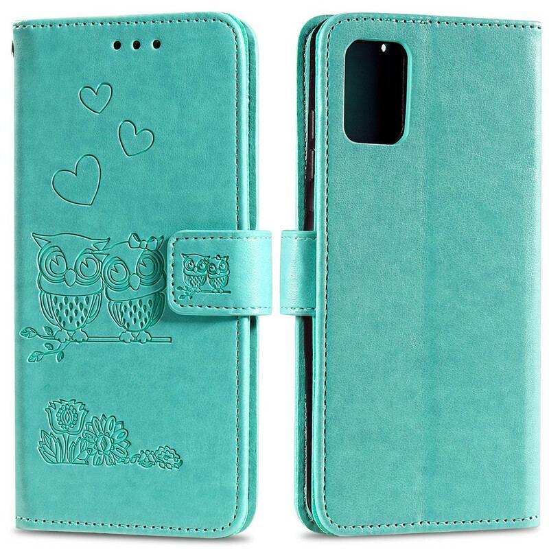 Capa De Couro Para Samsung Galaxy A71 De Cordão Corujas Amorosas Com Alça