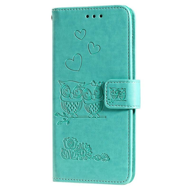 Capa De Couro Para Samsung Galaxy A71 De Cordão Corujas Amorosas Com Alça