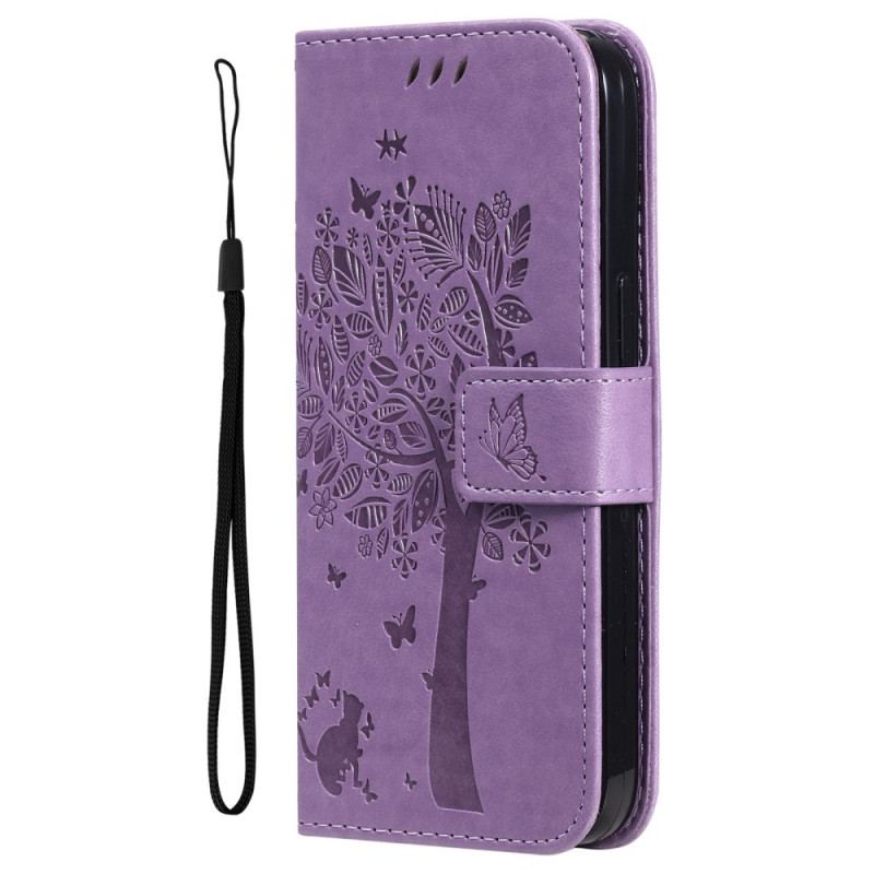 Capa Flip Para Samsung Galaxy A53 5G De Cordão Árvore E Gato Strappy