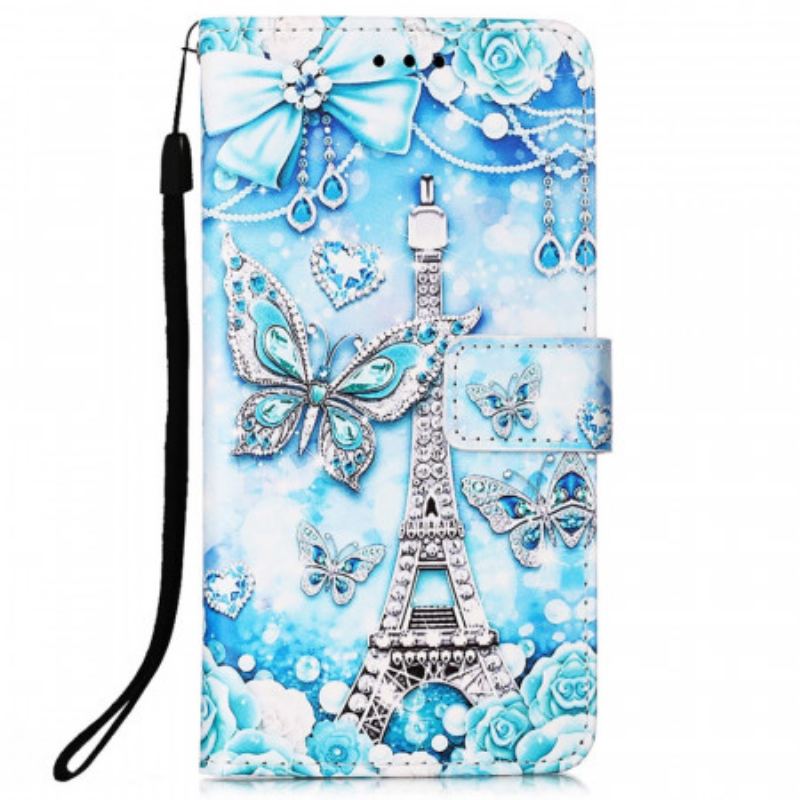 Capa Flip Para Samsung Galaxy A53 5G De Cordão Correia Borboleta Torre Eiffel