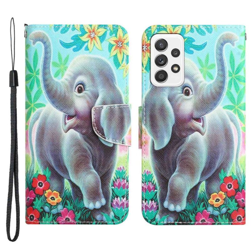 Capa Folio Para Samsung Galaxy A53 5G De Cordão Elefante Alegre Com Cordão