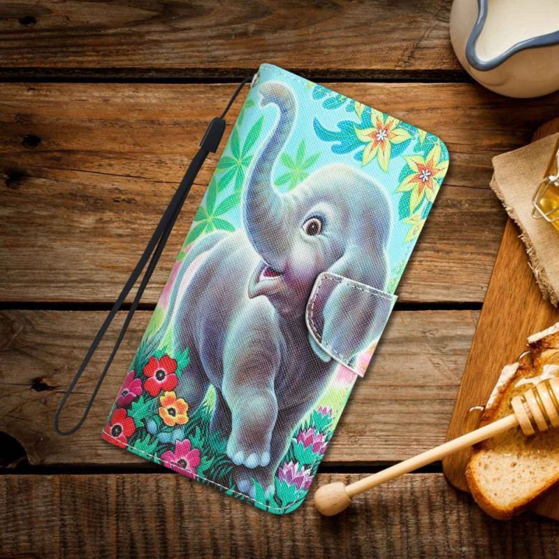 Capa Folio Para Samsung Galaxy A53 5G De Cordão Elefante Alegre Com Cordão