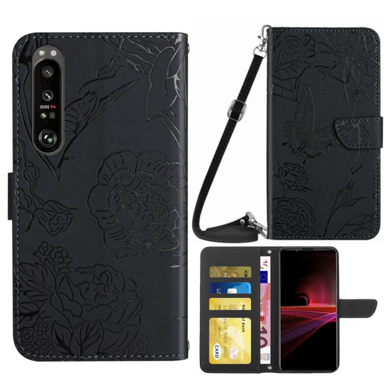 Capa Flip Para Sony Xperia 1 IV Borboletas E Alça De Ombro