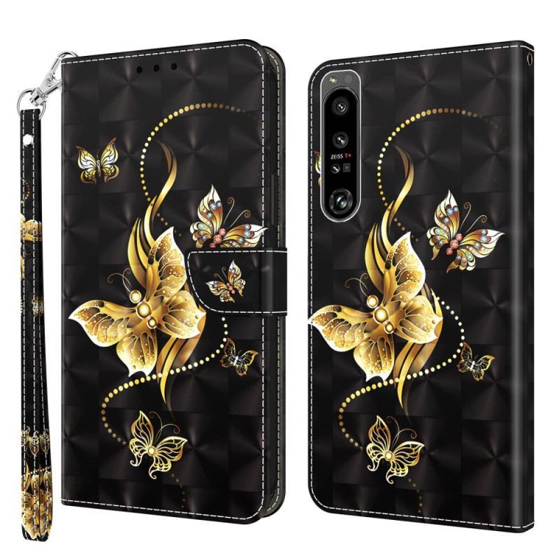 Capa Flip Para Sony Xperia 1 IV De Cordão Borboletas Douradas Com Alça