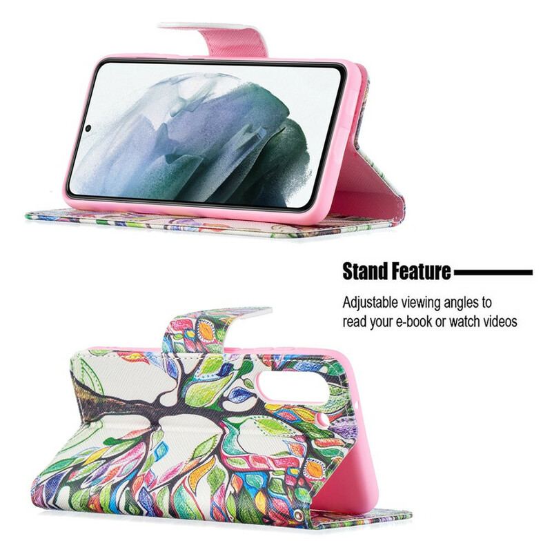 Capa De Couro Para Samsung Galaxy S21 FE Árvore Colorida